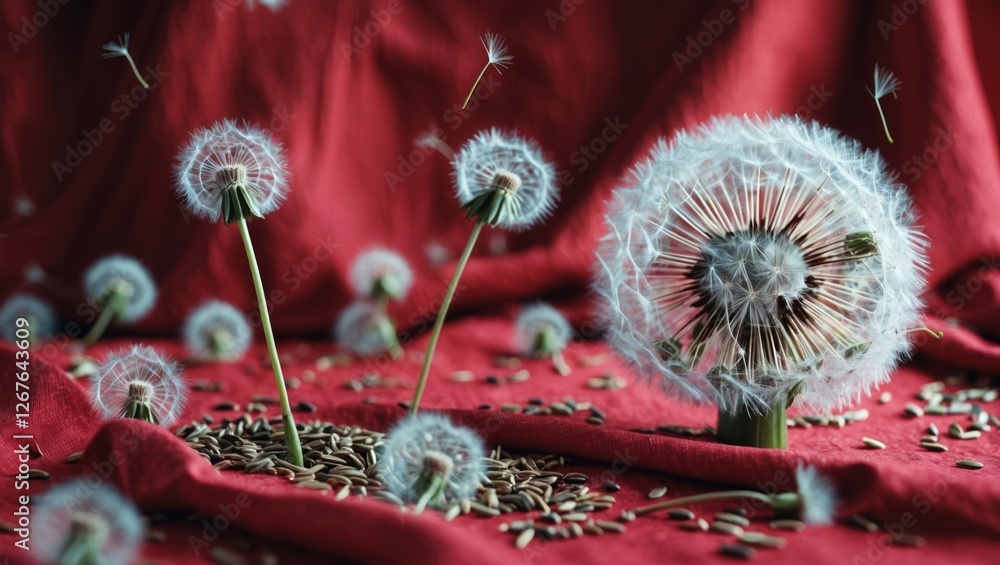 Aufkleber dandelion seed heads on vibrant red linen with scattered seeds creating a visually striking and sere