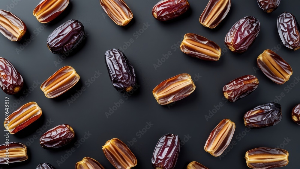 Poster dried dates arranged artistically on a black background with ample space for text showcasing their r