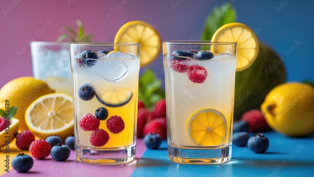 Poster refreshing lemonade with berries and fruits in vibrant glasses on a colorful background showcasing s