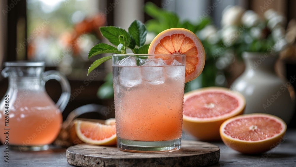 Aufkleber refreshing grapefruit ade served in a glass with fresh mint on a table surrounded by grapefruit halv