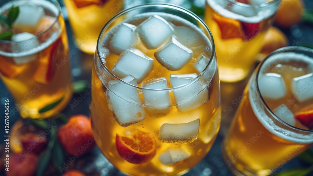 Poster refreshing cider in clear glasses with ice cubes and fruit slices creates a vibrant summer drink sce