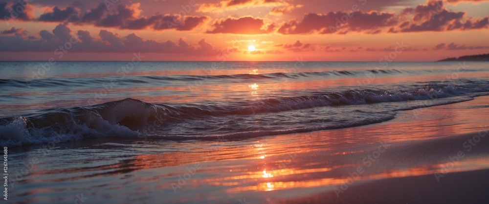 Poster golden hour beach scene with water reflection of dramatic sunrise and colorful sky creating tranquil