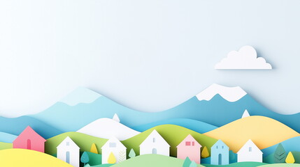 A charming paper art-style illustration featuring a distant view of a dense village at the bottom, with mountains in the upper right. Soft, healing colors in a flat, child friendly.