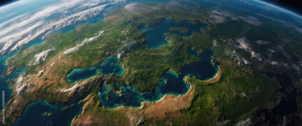 Poster vibrant aerial view of earth with expansive greenery and clear water bodies featuring empty space fo