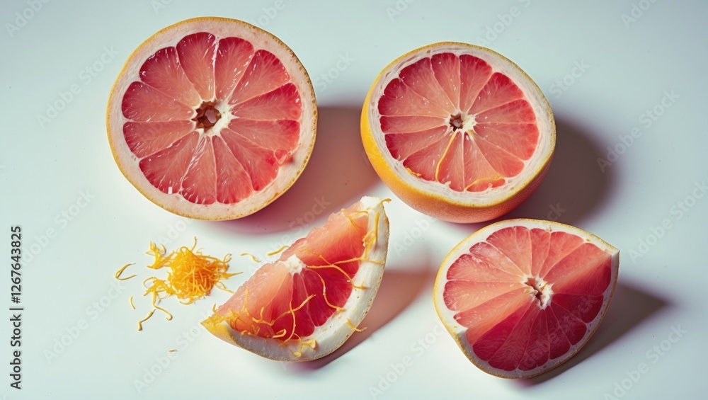 Poster fresh pink grapefruit halves and slices with zest isolated on white background perfect for healthy f