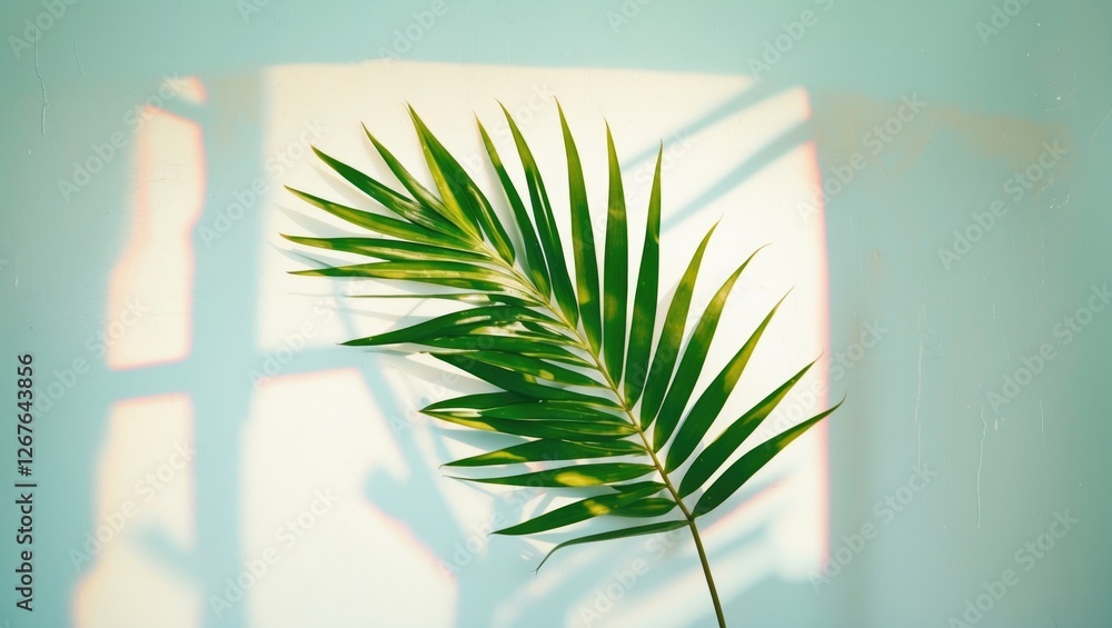 Poster Tropical Green Palm Leaf Isolated on White Background with Soft Shadows and Space for Text or Design Elements