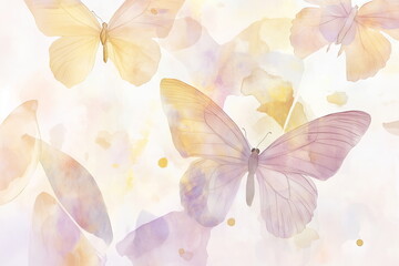 Obraz premium A dreamy watercolor illustration of delicate butterflies in warm pastel tones like peach, blush pink, soft gold, and lavender. Featuring translucent wings, fluid brushstrokes. Background and wallpaper