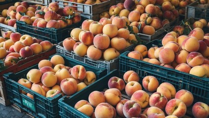 Freshly harvested crates of ripe apples and peaches stacked at a market with space for promotional text and advertisements.
