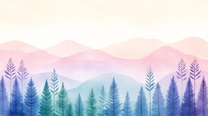 Obraz premium A serene pastel landscape illustration nature background of a tranquil forest with rolling hills and misty mountains in soft blue, lavender, and mint green. Featuring delicate trees.