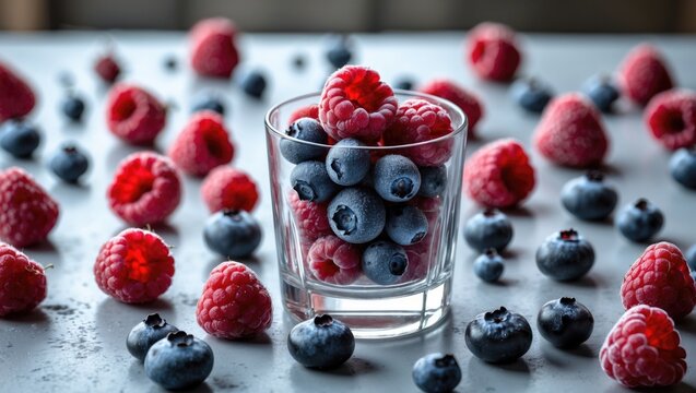 Fresh vibrant raspberries and blueberries in a glass tumbler surrounded by scattered berries promoting healthy eating and nutritious lifestyle.