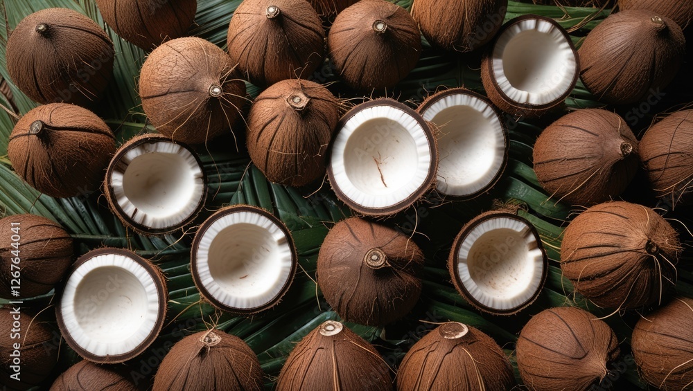 Poster coconut shells scattered on a textured background of brown coconuts resting on green palm leaves aft