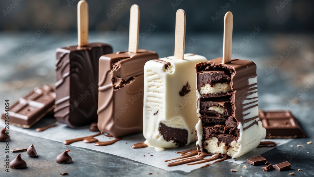 Poster assorted chocolate glazed ice cream bars with bite taken out displayed on table with chocolate piece