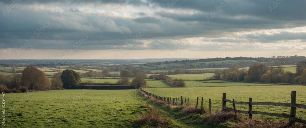 Poster scenic countryside landscape under dramatic clouds with lush green fields and empty space for text o