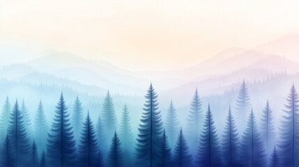 Fototapeta premium A serene pastel landscape illustration nature background of a tranquil forest with rolling hills and misty mountains in soft blue, lavender, and mint green. Featuring delicate trees.