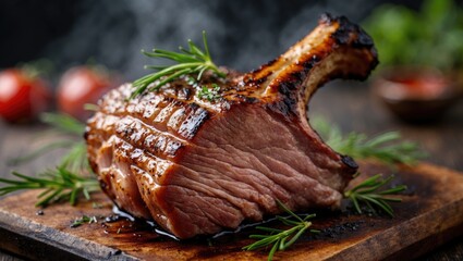 Succulent Grilled Pork Neck Steak with Fresh Herbs on Wooden Board and Blank Space for Text Insertions