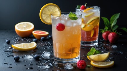 Fototapeta premium Refreshing Summer Cocktails with Citrus Fruits and Berries on Dark Background
