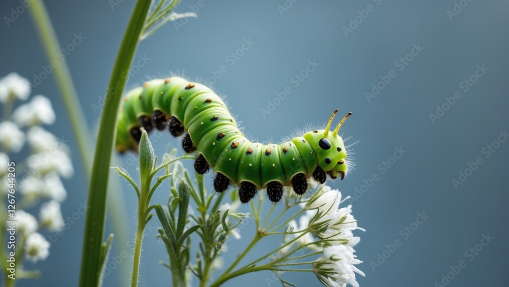 Aufkleber vibrant green caterpillar on dill plant with soft background and space for overlay text in nature in