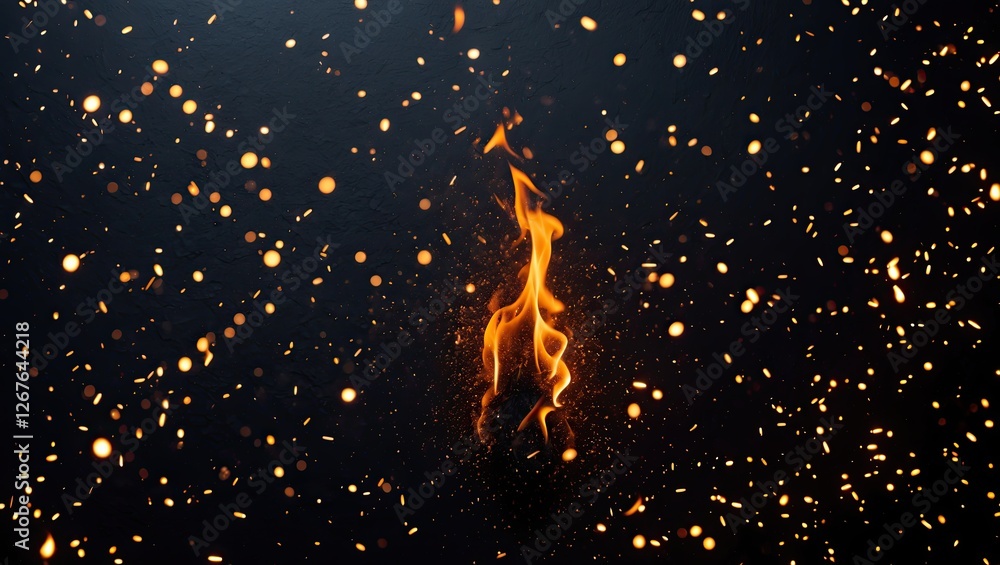 Poster a dynamic display of vibrant flames surrounded by glowing embers on a dark background, creating an i