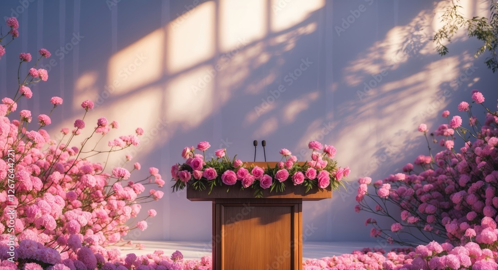 Poster empty podium surrounded by lush pink flowers and soft sunlight creating a serene atmosphere with spa