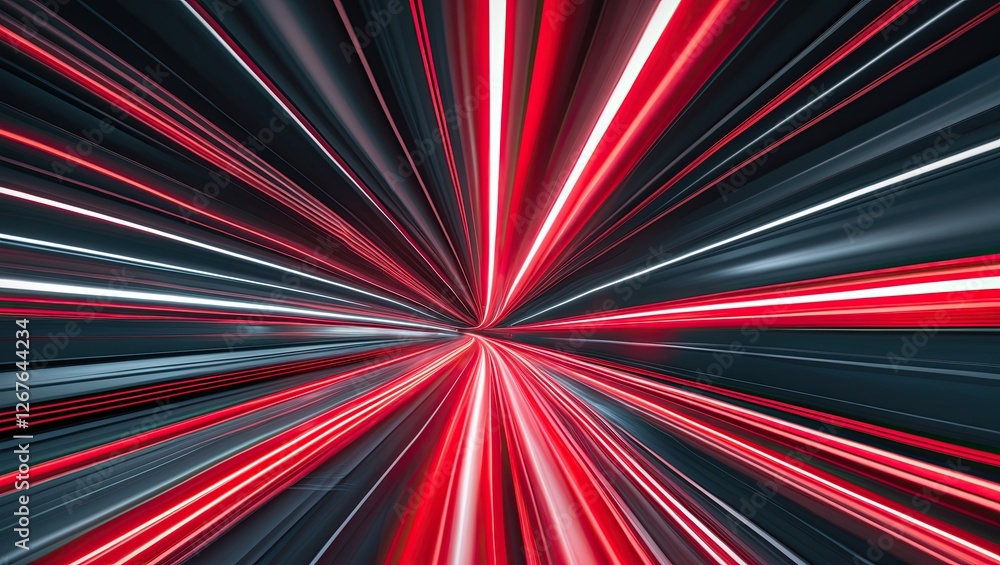 Poster dynamic abstract image showcasing vibrant red and white lines radiating through a dark background, s