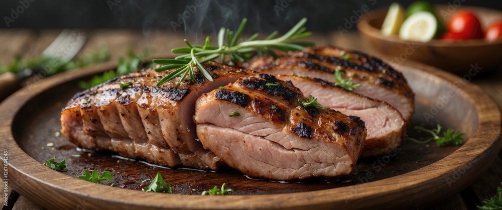 Poster grilled pork chops on wooden plate with fresh herbs and empty space for promotional text or culinary
