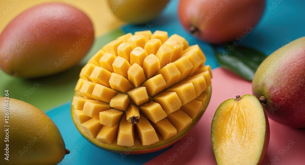 Poster vibrant mango presentation on colorful background with negative space for text or branding