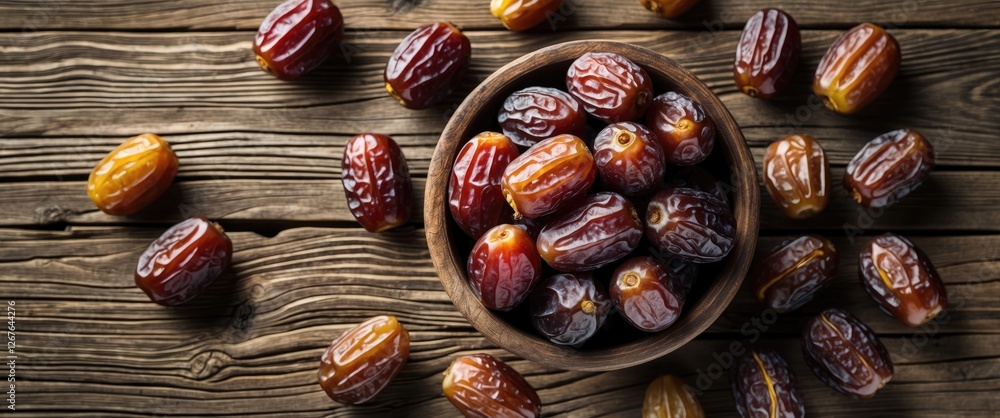 Poster natural dates in a wooden bowl on rustic table. top view with space for text. healthy snack concept 