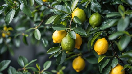 Fresh Lemons on a Tree Branch Surrounded by Lush Green Foliage in Natural Light. Vibrant Yellow and Green Fruits in a Garden Setting.