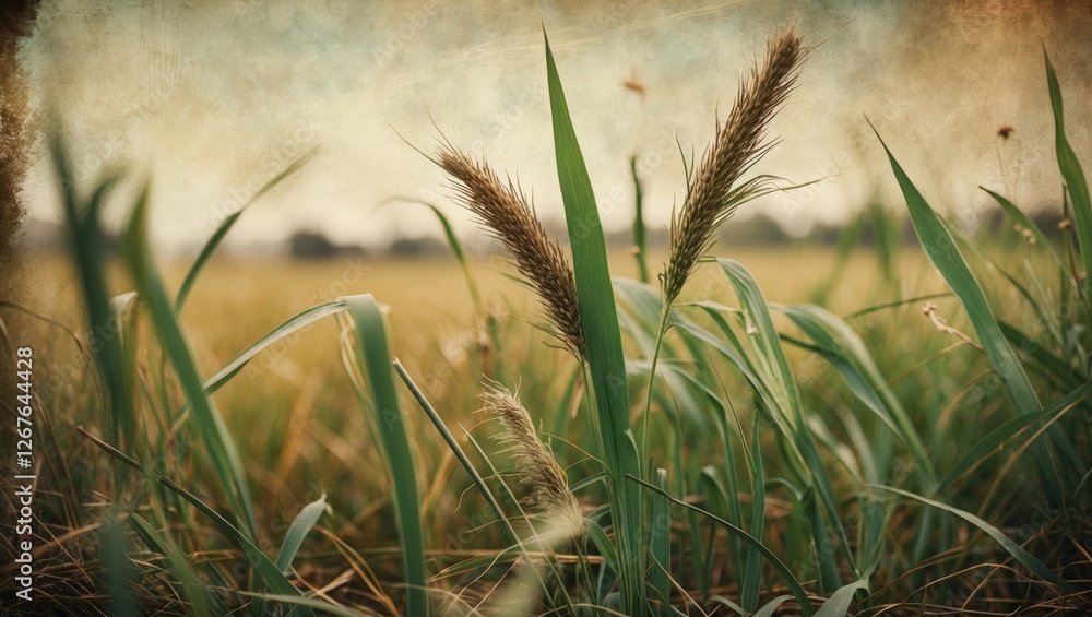 Poster vintage grass field with soft focus and textured background ideal for nature and landscape themes