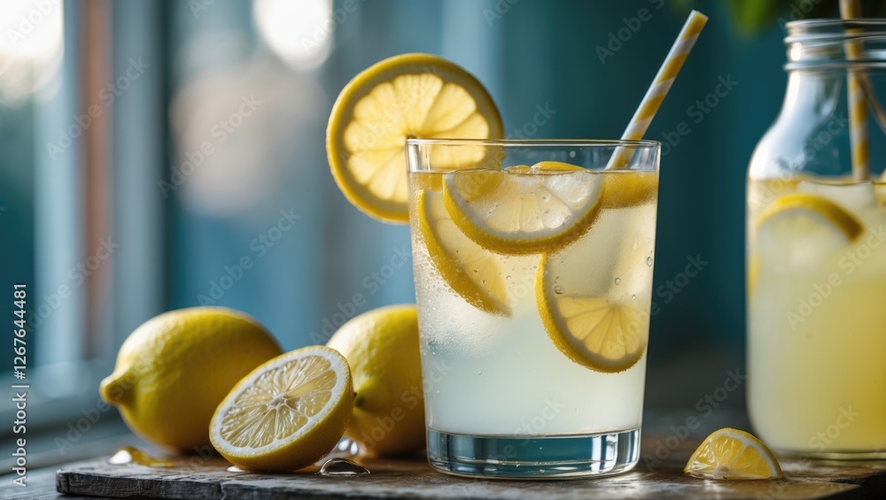 Poster refreshing glass of lemonade with lemon slices in natural light set against a wooden surface with fr