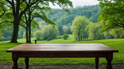 Fototapeta premium Wooden table overlooking lush green landscape with trees in a serene outdoor setting ideal for relaxation and inspiration.