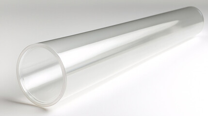 A clear glass tube lies horizontally on a smooth surface, showcasing its transparent design and cylindrical shape.