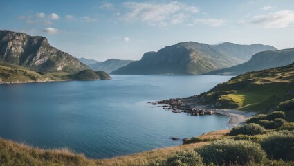Serene Coastal Landscape Featuring Tranquil Lake Surrounded By Majestic Mountains Under Clear Blue Sky