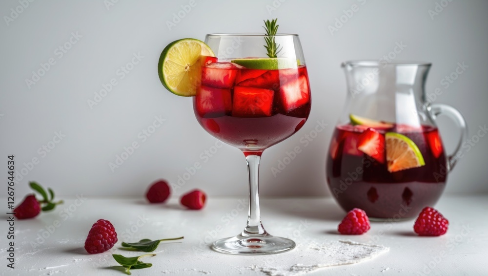 Poster refreshing glass of red sangria garnished with lime and mint alongside a pitcher filled with the del
