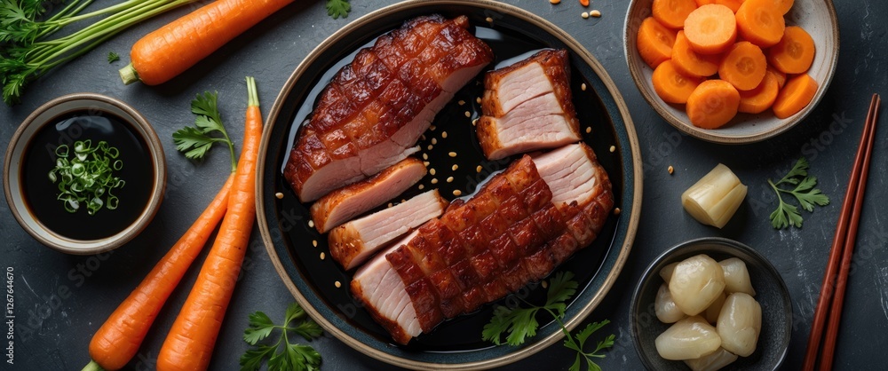 Poster crispy pork belly served with carrots and vegetables on dark table top view with space for text or c