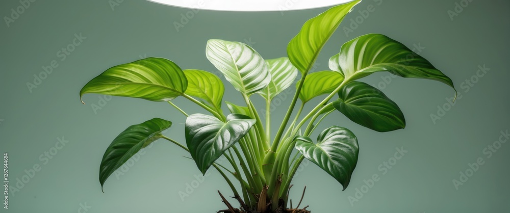 Poster lush green plant illuminated by warm light with space for custom text on a soft color background