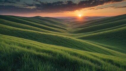 Serene Sunset Over Rolling Green Hills with Lush Grass and Clear Space for Text Overlay