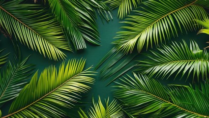 Obraz premium Closeup of vibrant green palm leaves forming a lush border on a dark background ideal for vacation themes and summer designs with space for text