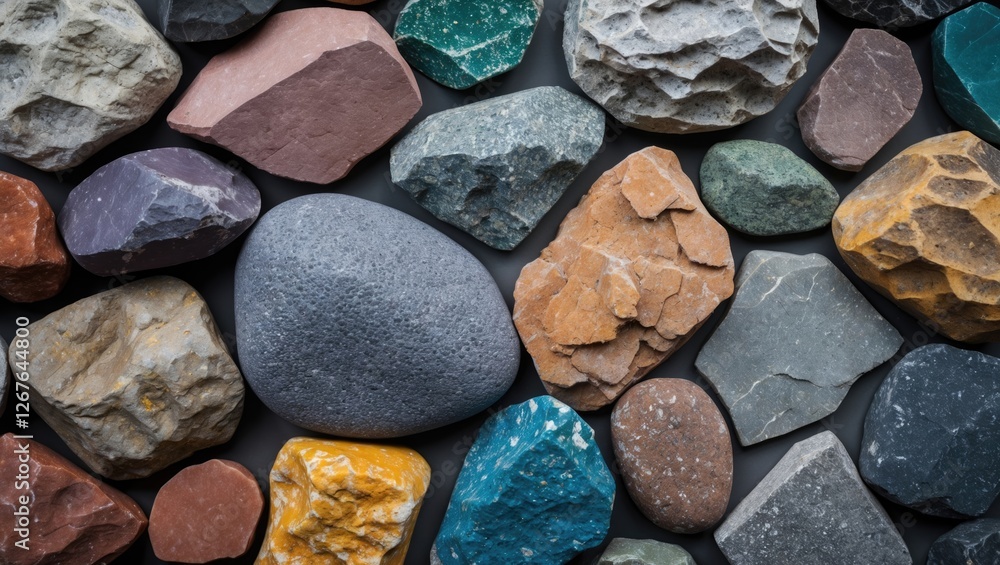 Poster variety of colorful stone textures arranged closely for an artistic background or design element in 