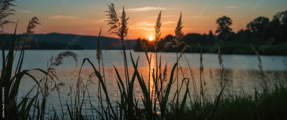Poster silhouette of grass at sunset by tranquil lake with reflection and empty space for text in serene na