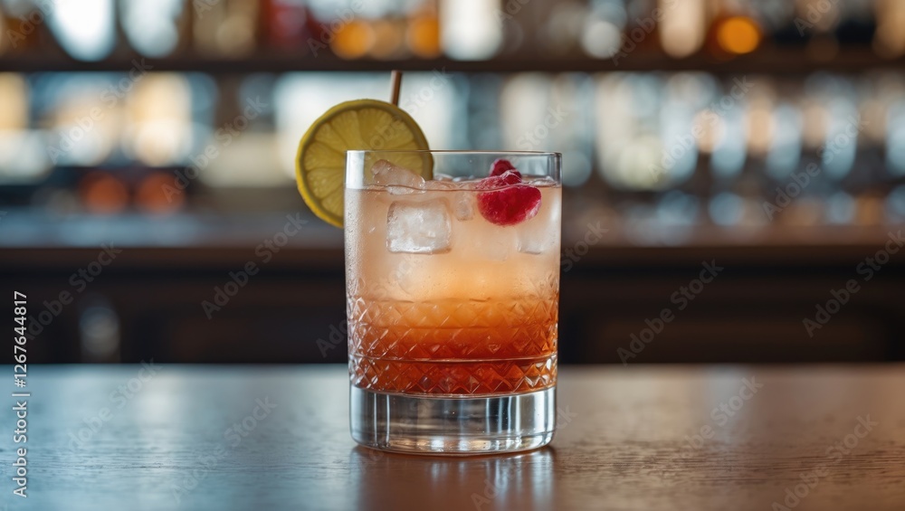 Poster Refreshing Cocktail With Lemon Slice And Raspberries On Bar Counter In Elegant Setting