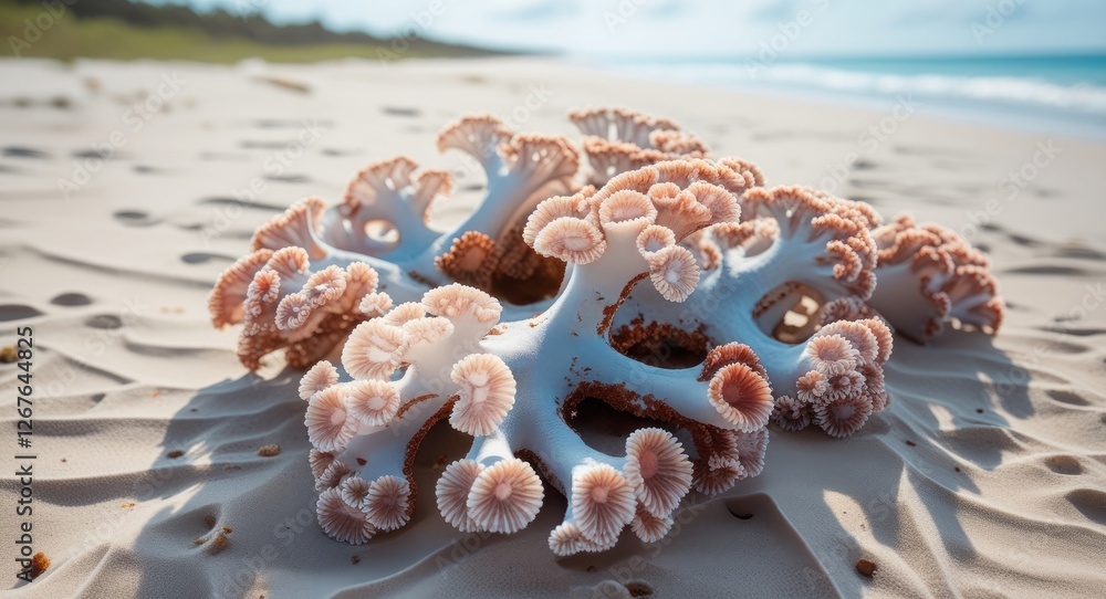 Poster dead coral fragment on sandy beach with lush background and space for text or graphics