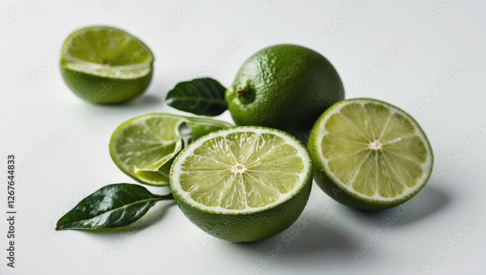 Aufkleber fresh green limes sliced on white background with leaves perfect for culinary and design use horizon