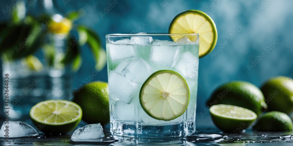 Poster refreshing lemonade with lime and ice in a glass on a cool background with citrus fruit and ice cube