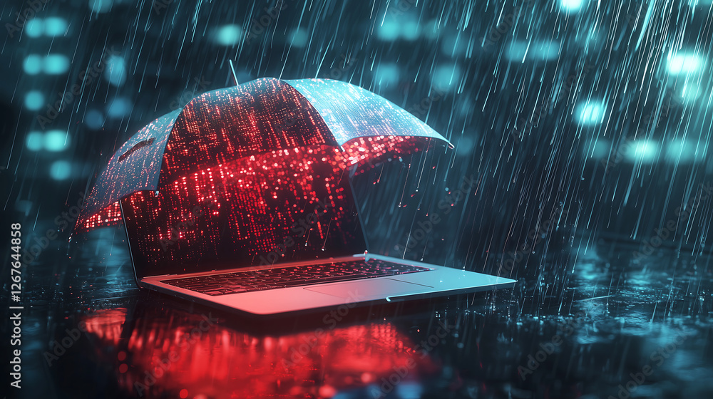 Poster futuristic cybersecurity umbrella shielding a laptop from digital rain representing data protection 