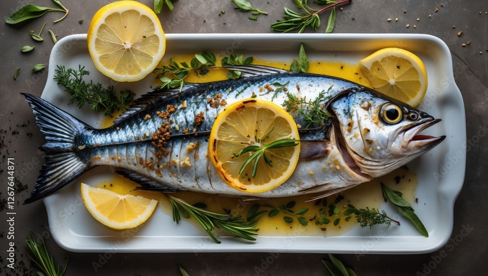 Aufkleber grilled mackerel fish garnished with lemon and herbs for culinary presentation top view