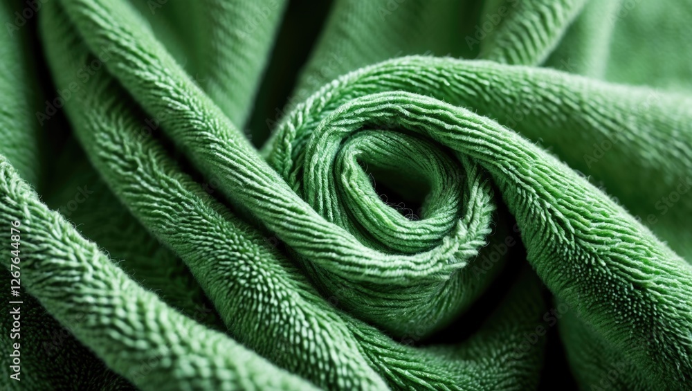 Poster close-up of soft green towel fibers rolled in a spiral pattern showcasing texture and depth for text