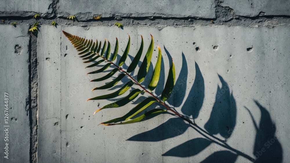 Poster fern leaf casting intricate shadows on a textured grey concrete wall creating a natural abstract bac