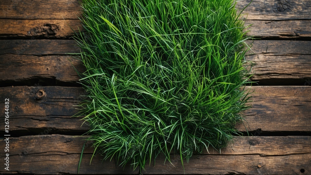 Leinwandbilder Lush green grass on rustic wooden floor creating a natural background with ample copy space for your text or promotional content.