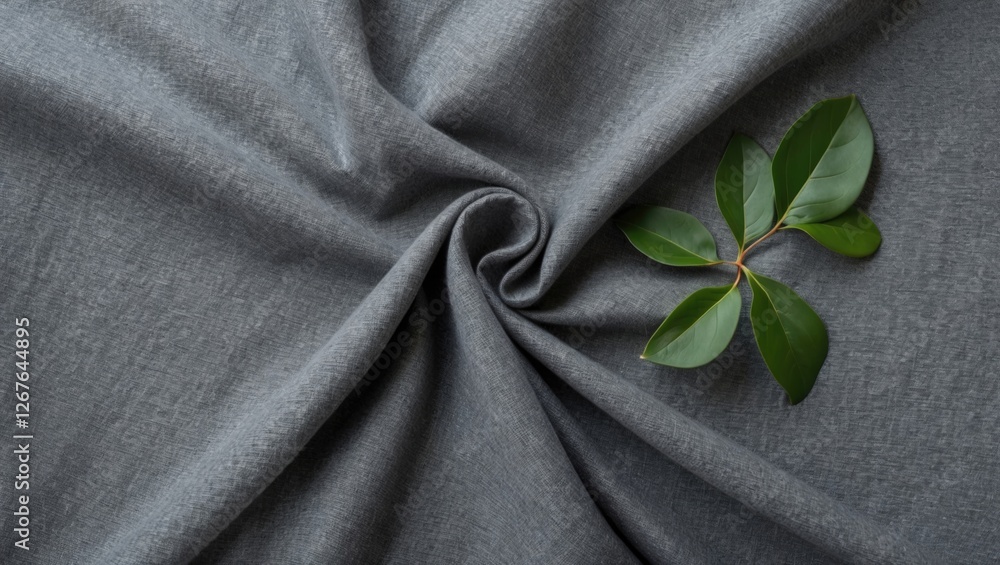 Poster Elegant grey fabric background with soft texture and green foliage accent for design and textile applications.